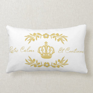 white and gold French Script Keep Calm Carry On Lumbar Cushion
