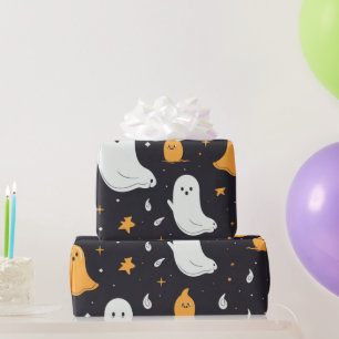 White and Gold Ghosts Stars Black Halloween Wrapping Paper