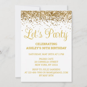 White and Gold Glitter 30th Birthday Let's Party Invitation