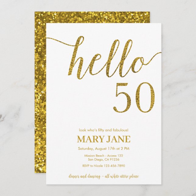 White and Gold Glitter 50th Birthday Invitation (Front/Back)