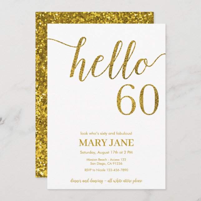 White and Gold Glitter 60th Birthday Invitation (Front/Back)
