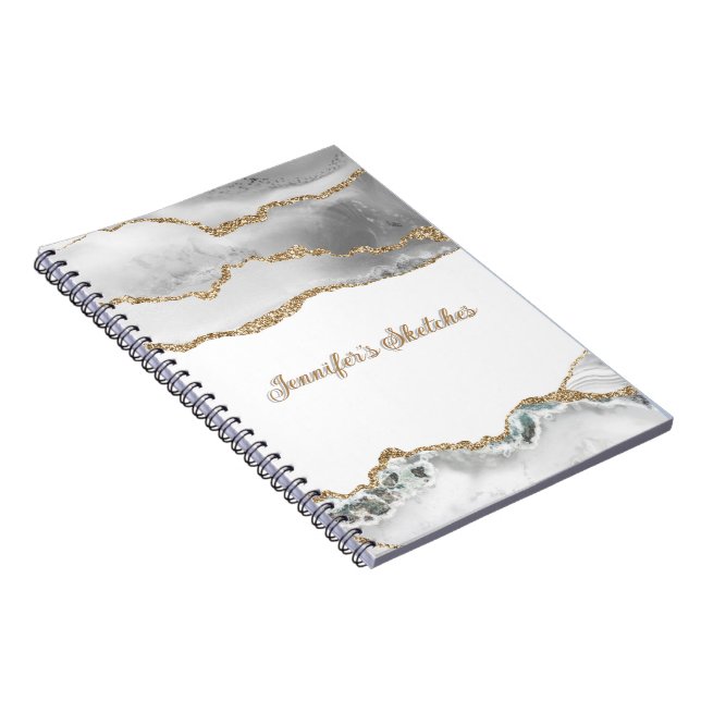White and Gold Glitter Agate Girly Personalised  Notebook (Right Side)