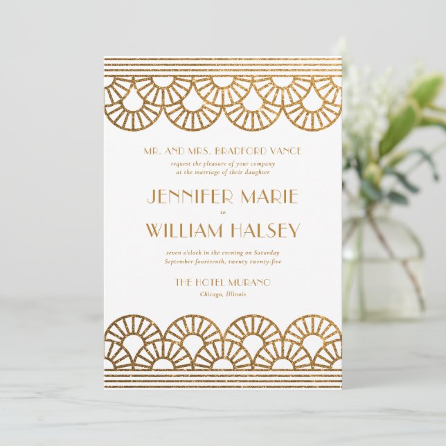 White and Gold Glitter Art Deco Fan Wedding Invitation (Standing Front)