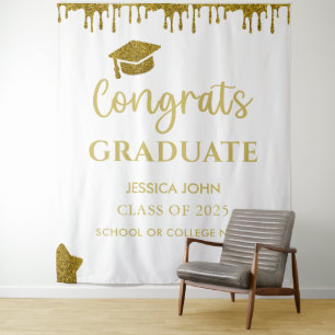 White And Gold Glitter Graduation Photo Backdrop Tapestry