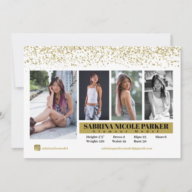 White and Gold Glitter Photo Comp Card (Front)