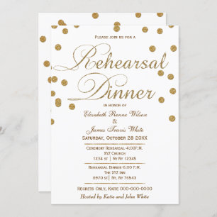 white and gold glitter rehearsal dinner invites