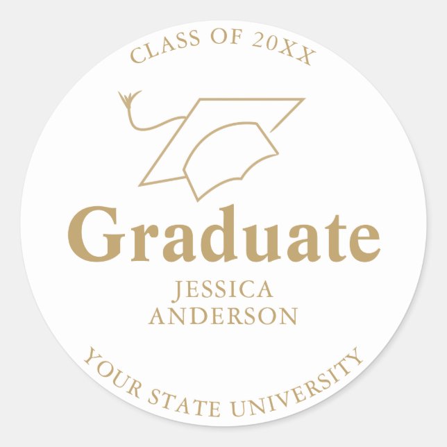 White and Gold Graduate Cap Graduation Classic Round Sticker (Front)