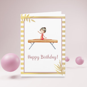 White and gold gymnastics girl on beam birthday card