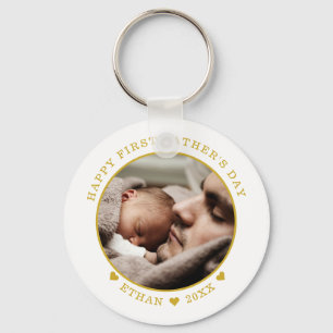 White And Gold Happy First Father's Day Photo Key Ring