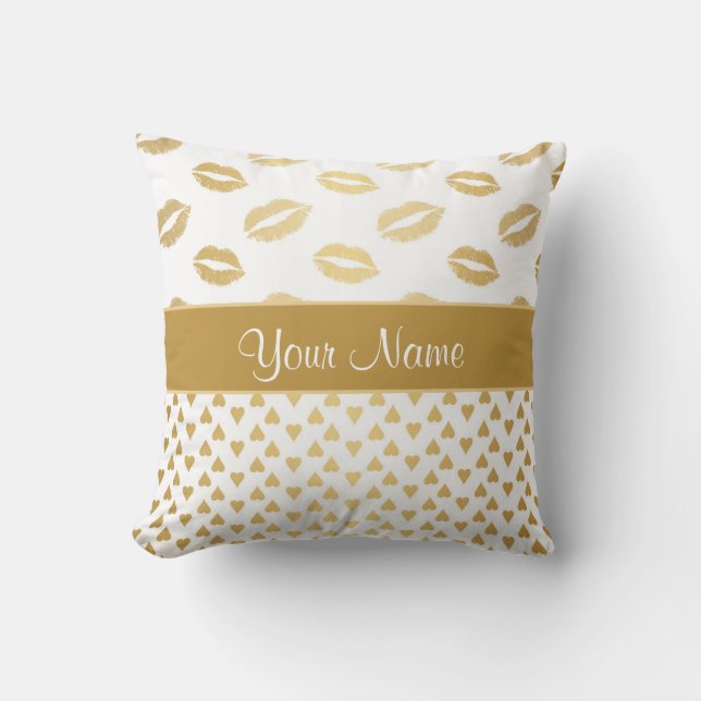 White and Gold Kisses and Love Hearts Cushion (Front)