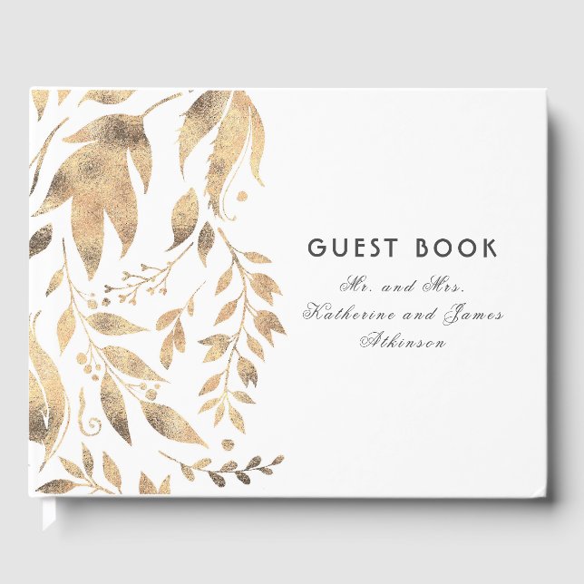 White and Gold Leaves Elegant Fall Wedding Guest Book (Front)