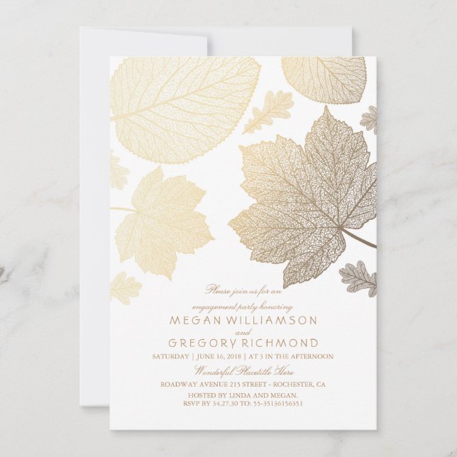 White and Gold Leaves Fall Engagement Party Invitation (Front)