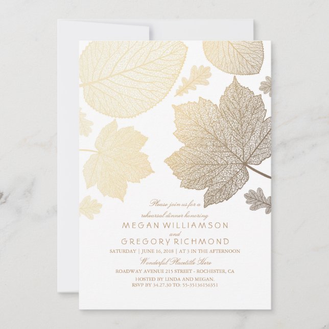 White and Gold Leaves Fall Rehearsal Dinner Invitation (Front)