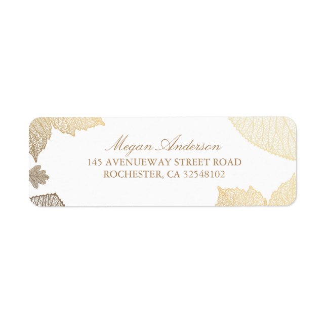 White and Gold Leaves Fall Wedding Return Address Label (Front)
