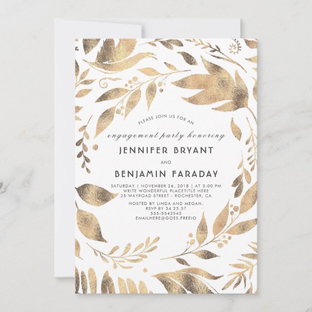 White and Gold Leaves Laurel Fall Engagement Party Invitation (Front)