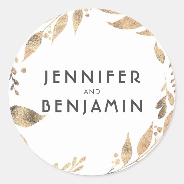 White and Gold Leaves Laurel Wedding Classic Round Sticker (Front)