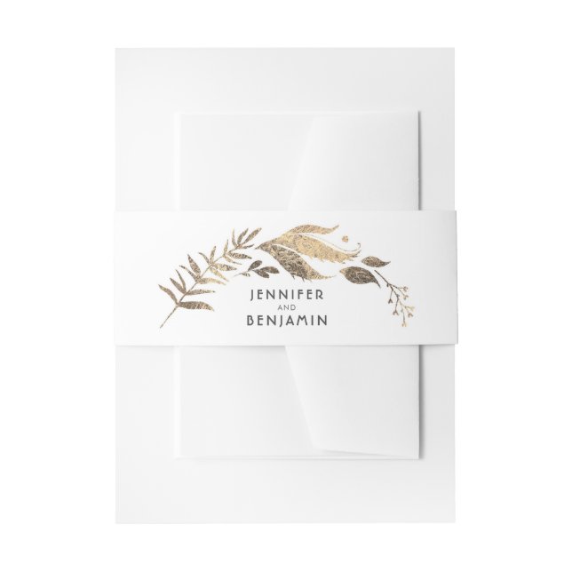 White and Gold Leaves Laurel Wedding Invitation Belly Band (Front Example)