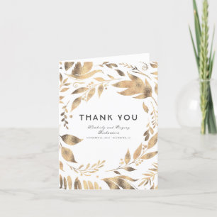 White and Gold Leaves Laurel Wedding Thank You Card