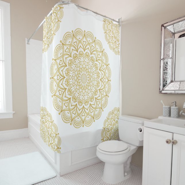 White and Gold Mandala Boho Shower Curtain (In Situ)