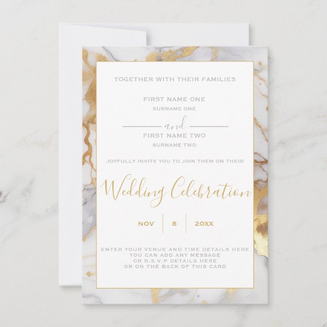 White and gold marble border wedding invitation (Front)