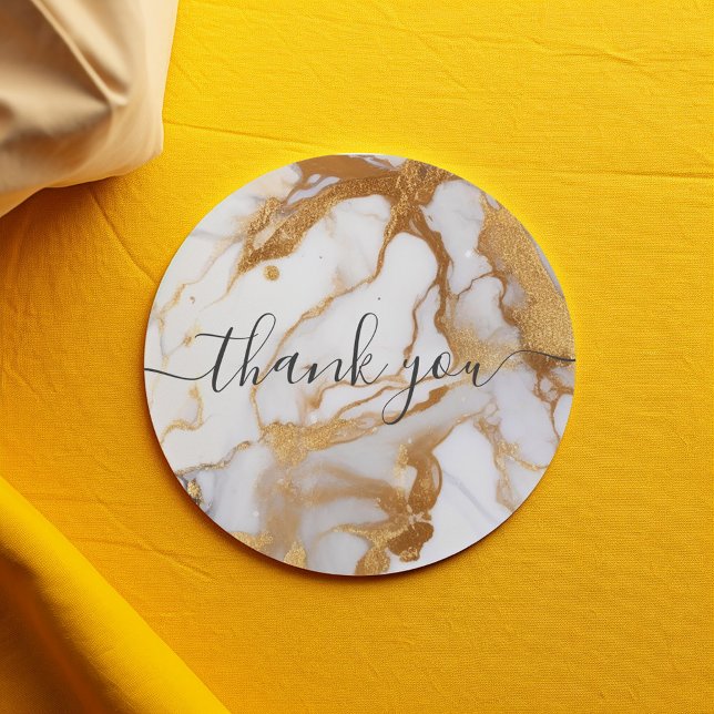 White and gold marble customer thank you classic round sticker (White and gold marble thank you script sticker.)