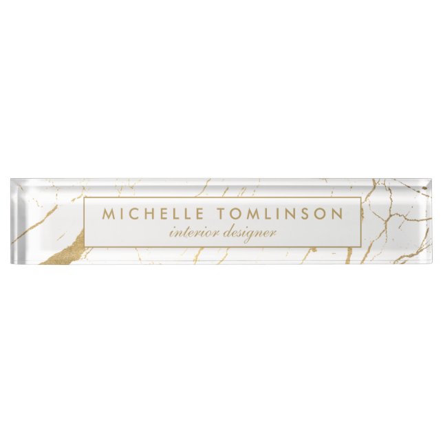 White and Gold Marble Designer Nameplate (Front)