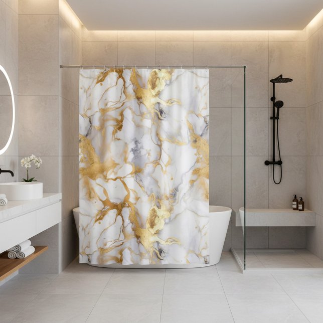 White and gold marble effect shower curtain (White and gold marble effect shower curtain.)