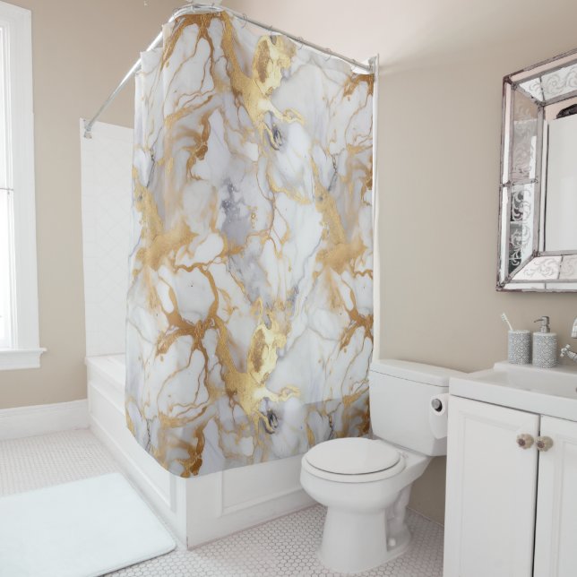 White and gold marble effect shower curtain (In Situ)