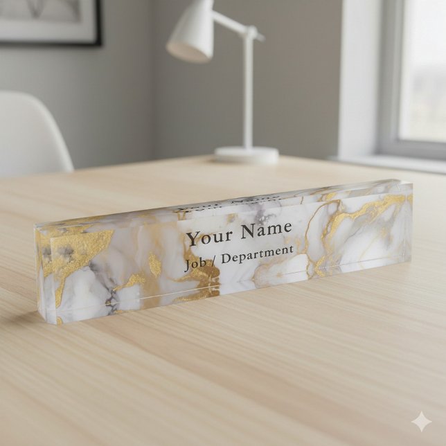 White and gold marble executive desk name plate (Gold and white marble effect office desk name plate.)