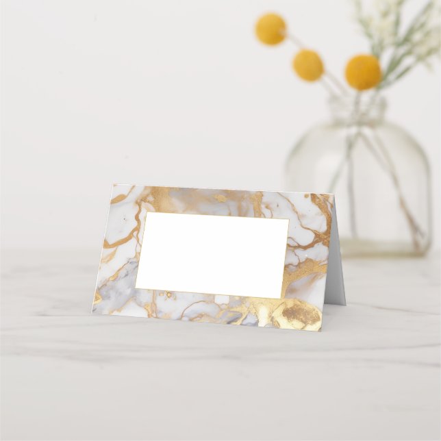 White and gold marble frame guest name place card (Front)