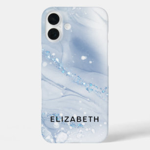 White and gold marble glitter personalized  iPhone 16 plus case