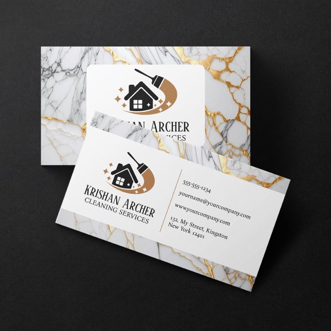 White and Gold Marble House Cleaning Services Maid Business Card (Creator Uploaded)