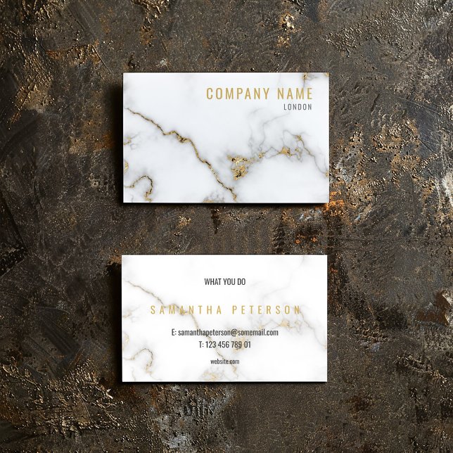White and Gold Marble minimalist luxury Business Card (White marble business card with gold veining, bold name, and minimalist black details.)