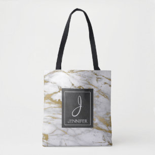 White and Gold Marble Monogram Book Bag