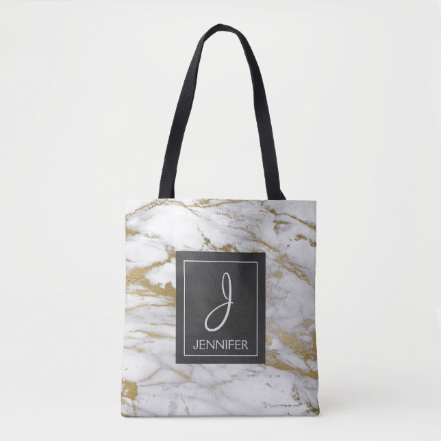 White and Gold Marble Monogram Book Bag (Front)