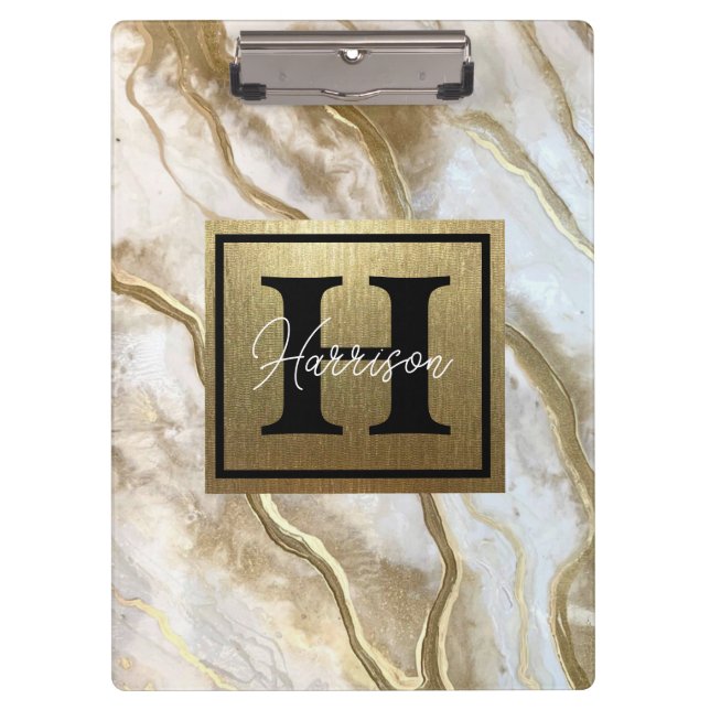 White and Gold Marble Monogram Name Personalised Clipboard (Front)