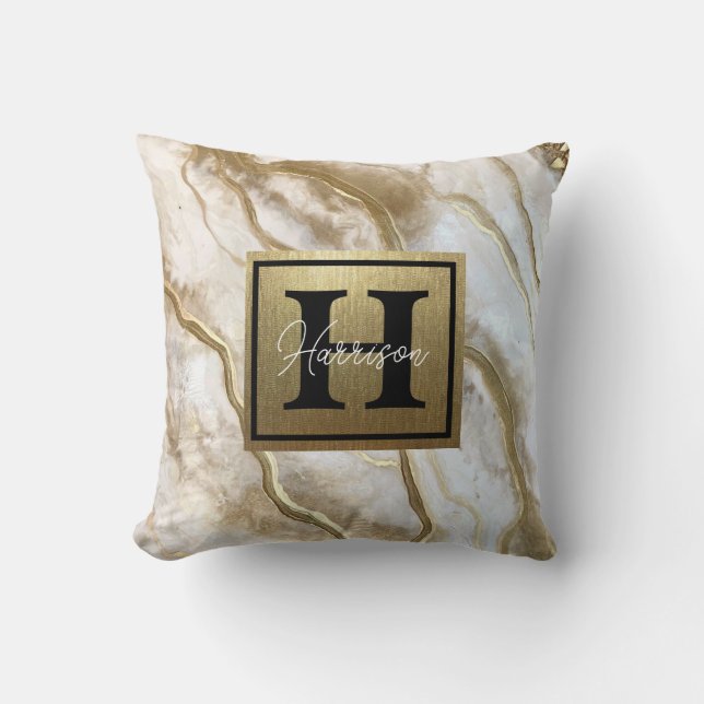 White and Gold Marble Monogram Name Personalised Cushion (Front)