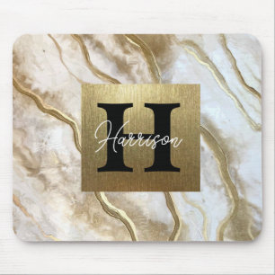 White and Gold Marble Monogram Name Personalised   Mouse Pad