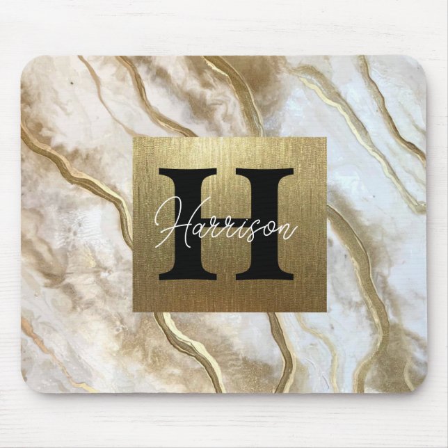 White and Gold Marble Monogram Name Personalised   Mouse Pad (Front)
