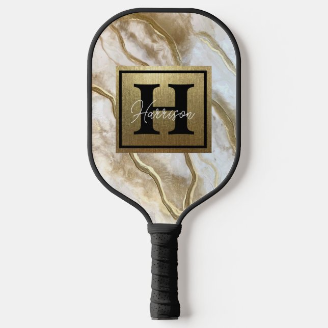 White and Gold Marble Monogram Name Personalised  Pickleball Paddle (Front)