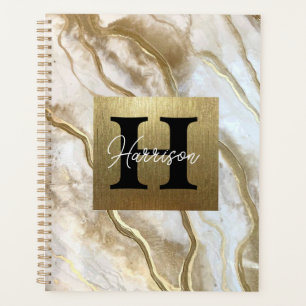 White and Gold Marble Monogram Name Personalised  Planner