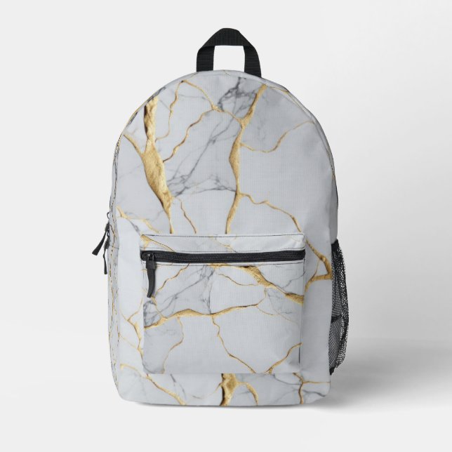 White and gold marble  printed backpack (Front)