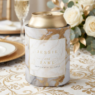 White and gold marble Wedding Welcome sign Can Cooler