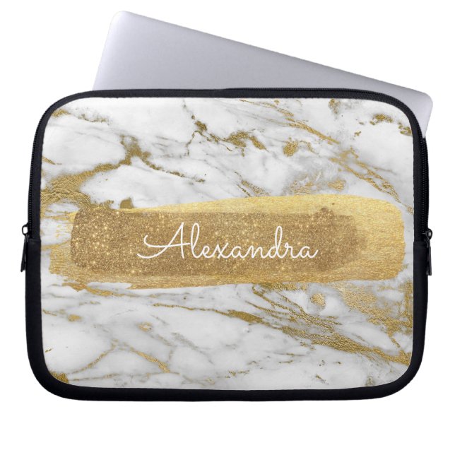 White and Gold Marble with Gold Foil and Glitter Laptop Sleeve (Front)