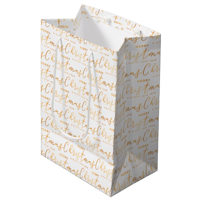 White and Gold Merry Christmas Word Art Medium Gift Bag (Front Angled)
