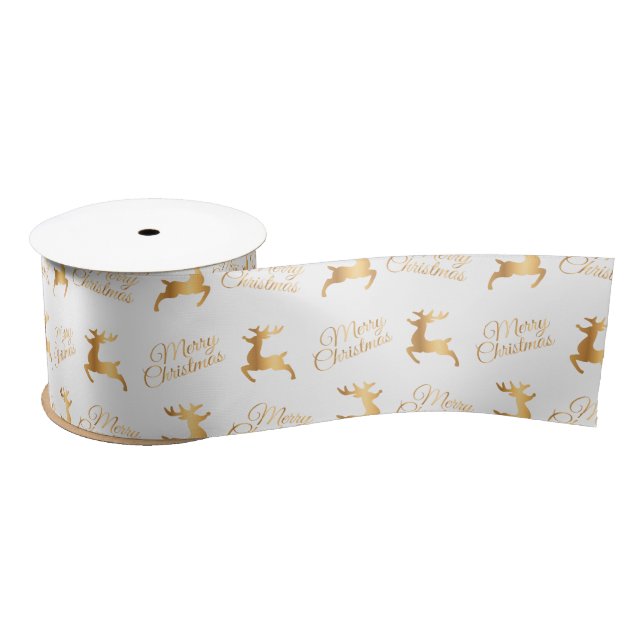 White and Gold Merry Christmas Word Art Satin Ribbon (Spool)