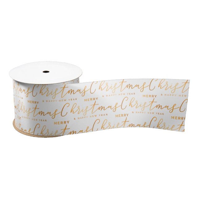 White and Gold Merry Christmas Word Art Satin Ribbon (Spool)
