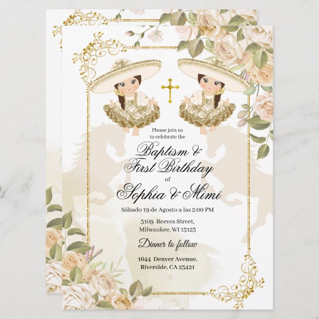White and Gold Mexican Twin Girl Baptism Invitation (Front/Back)