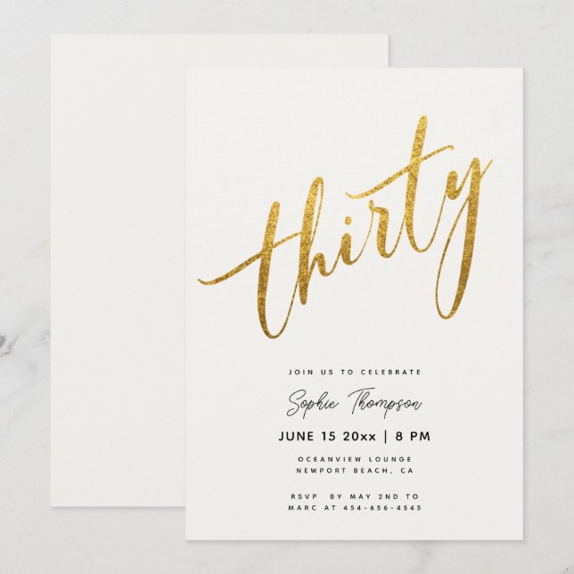 White and Gold Minimalist Elegant 30th Birthday Invitation (Front/Back)