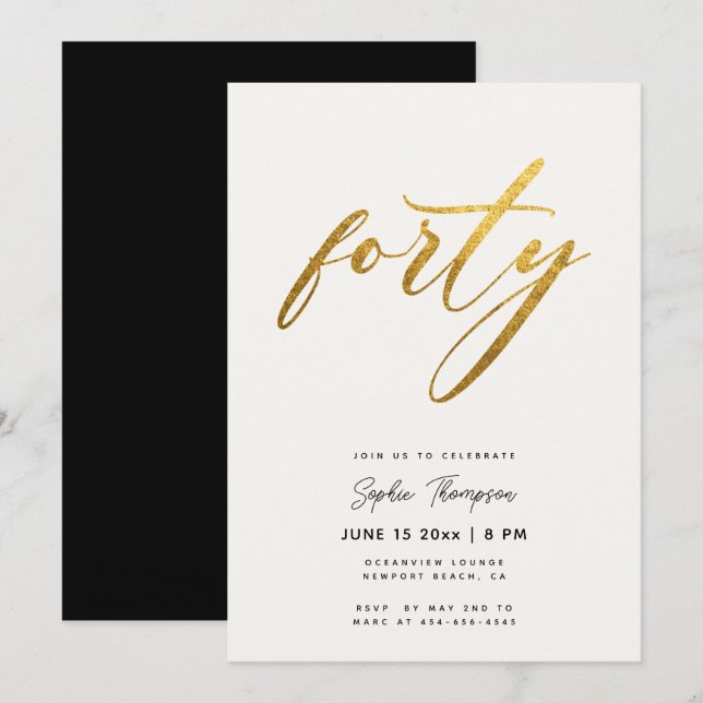 White and Gold Minimalist Elegant 40th Birthday Invitation (Front/Back)